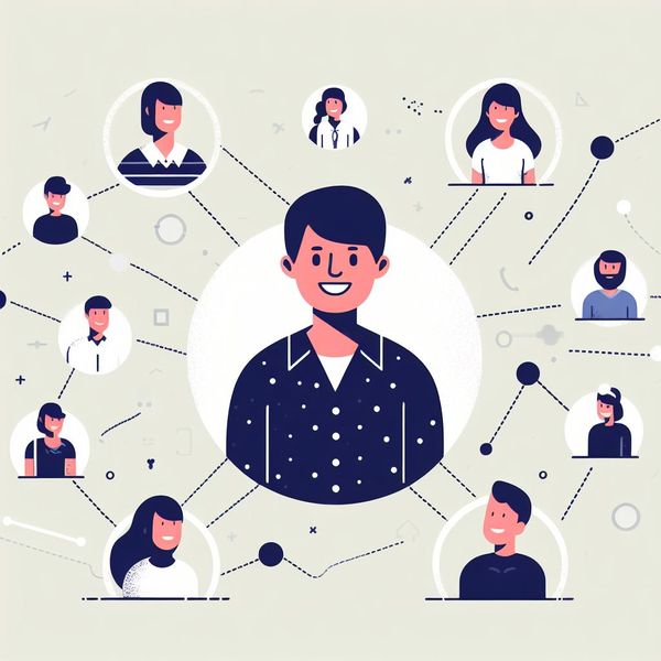 a graphic illustration of a man surrounded by other people. The man is looking happy. He is connected to the other people.