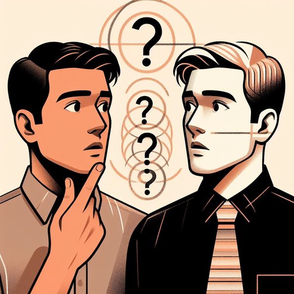 a graphic illustration of two men. The left man is staring at the right man with confusion.